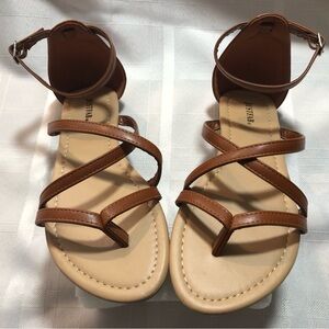 EUC Justfab Brown Strappy Ankle-Sling Sandals